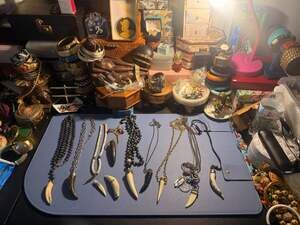 Vintage Tribal Lot Horn Tooth Pendants & Carved Wooden Jewelry Box